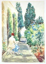 Cicely Nops peignant dans un jardin
