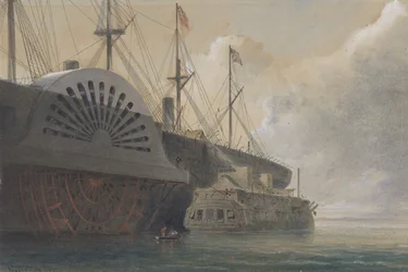 La vieille frégate Iris avec sa cargaison de câbles à côté du Great Eastern à Sheerness, 1865
