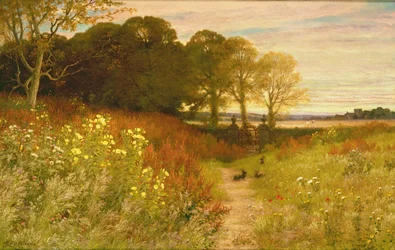 Paysage avec fleurs sauvages et lapins