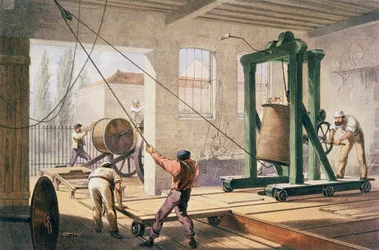 Préparation du câble, extrait de "The Atlantic Telegraph" par William Howard Russell, publié en 1866 (lithographie couleur) (voir aussi 192775)