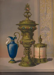 Vase en argent doré et orné de bijoux, vase en porcelaine, coffret à cigares, 1863