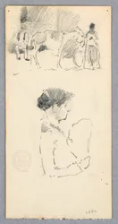 Dessin, scène avec un âne et deux personnages ; femme tenant un éventail, 1882