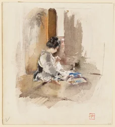 Jeune fille japonaise cousant