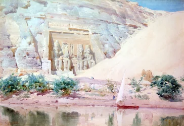 Abou Simbel", aquarelle. Robert Talbot-Kelly (1861-1934), peintre paysagiste orientaliste anglais. Les grandes statues en calcaire de Ramsès II à l