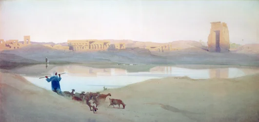 Le lac sacré, Karnak", vers 1900. Aquarelle. Robert Talbot-Kelly (1861-1934), peintre paysagiste orientaliste anglais. Égypte Paysage Eau Ruines Goatherd