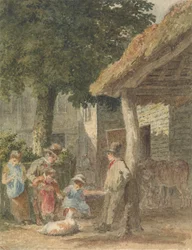 Enfants avec un chien dans une cour de ferme