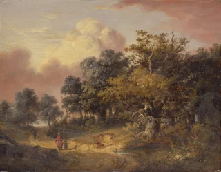 Paysage boisé avec femme et enfant marchant sur une route