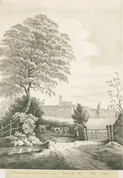 Wolverhampton - Vue lointaine de Dunstall Lane: dessin au lavis sépia, 1837