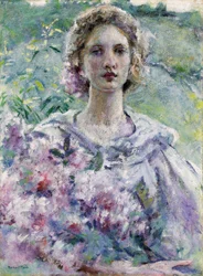 Femme avec des fleurs. Peinture de Robert Reid (1862-1929). Huile sur toile. Collection privee.