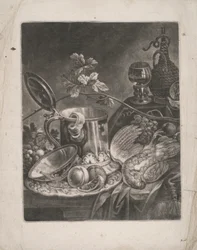 Nature morte avec chope et plat de dessert