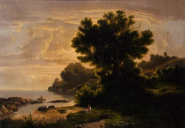 Paysage avec famille au bord d