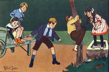 Un chat perché. Gravure dans « À quoi jouons-nous ? » par E. Weber avec des dessins aquarellés de Robert Salles (1871-1929). Librairie Garnier Frères, Paris
