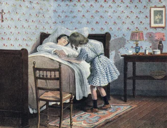 Une petite fille au chevet de sa mère malade attend sa guerre. Illustration de Robert Salles (1871-1929) dans « Je sais Lire ».