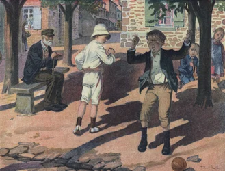 Un jeune garçon se fâche pendant un jeu avec ses camarades (mauvais joueur). Illustration de Robert Salles (1871-1929) dans « Je sais Lire ».