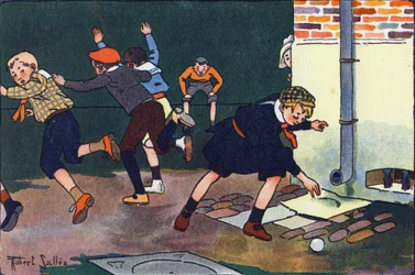 Balle au mur. Gravure dans "À quoi jouons-nous ?" par E. Weber avec des dessins aquarellés de Robert Salles (1871-1929). Librairie Garnier Frères, Paris