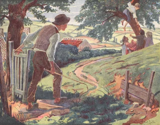 Enfants frottant des cerises (lithographie couleur)