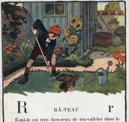Livre pour enfants “Je lirai - Alphabet méthodique et amusant par un papa” 1926. Illustration de Robert Salles (1871-1929). Abécédaire : lettre R comme Rateau. Un garçon jardine dans le jardin de sa maison.