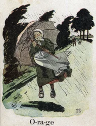 Livre pour enfants « Je lirai - Alphabet méthodique et amusant par un papa » 1926. Illustration de Robert Salles (1871-1929). « Tempête » : une femme sous la pluie se protège avec son parapluie.