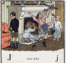 Livre pour enfants « Je lirai - Alphabet méthodique et amusant par un papa » 1926. Illustration de Robert Salles (1871-1929). Abécédaire : lettre J comme Jouets. Les enfants ont reçu des jouets dans leurs chaussures et s