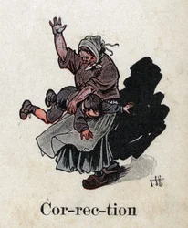 Livre pour enfants « Je lirai - Alphabet méthodique et amusant par un papa » 1926. Illustration de Robert Salles (1871-1929). « Correction ». Punition : une mère punit son enfant