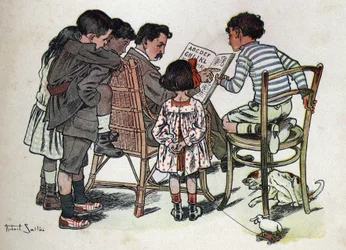 Livre pour enfants « Je lirai - Alphabet méthodique et amusant par un papa » 1926. Illustration de Robert Salles (1871-1929). Un père de famille apprend à lire aux enfants
