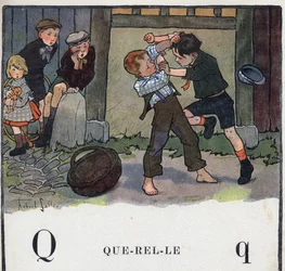 Livre pour enfants « Je lirai - Alphabet méthodique et amusant par un papa » 1926. Illustration de Robert Salles (1871-1929). Abécédaire : lettre Q comme Querelle. Deux garçons se battent dans la cour