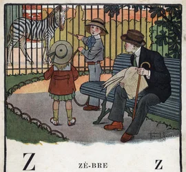 Livre pour enfants « Je lirai - Alphabet méthodique et amusant par un papa » 1926. Illustration de Robert Salles (1871-1929). Abécédaire : lettre Z comme Zèbre. Des enfants, avec un cerceau, regardent un zèbre dans un zoo