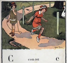 Livre pour enfants « Je lirai - Alphabet méthodique et amusant par un papa » 1926. Illustration de Robert Salles (1871-1929). Abécédaire : lettre C comme Corde. Deux filles jouent à la corde à sauter