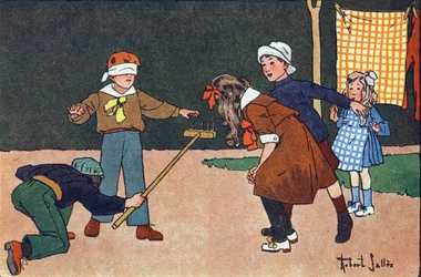 Colin-maillard. Gravure dans « À quoi jouons-nous ? » par E. Weber avec des dessins aquarellés de Robert Salles (1871-1929). Librairie Garnier Frères, Paris
