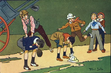 Saute-mouton. Gravure dans "À quoi jouons-nous ?" par E. Weber avec des dessins aquarellés de Robert Salles (1871-1929). Librairie Garnier Frères, Paris