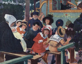 Spectacle de marionnettes : Les enfants dans le théâtre de guignol sont dérangés par un bébé qui pleure. Illustration de Robert Salles dans « Je sais Lire ».