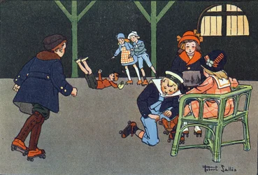 Le patin à roulettes. Gravure dans « À quoi jouons-nous ? » par E. Weber avec des dessins aquarellés de Robert Salles (1871-1929). Librairie Garnier Frères, Paris