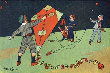 Le cerf-volant. Gravure dans « À quoi jouons-nous ? » par E. Weber avec des dessins aquarellés de Robert Salles (1871-1929). Librairie Garnier Frères, Paris