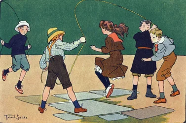 Le saut à la corde. Gravure dans « À quoi jouons-nous ? » par E. Weber avec des dessins aquarellés de Robert Salles (1871-1929). Librairie Garnier Frères, Paris