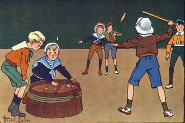 Les osselets et le quinet. Gravure dans « À quoi jouons-nous ? » par E. Weber avec des dessins aquarellés de Robert Salles (1871-1929). Librairie Garnier Frères, Paris