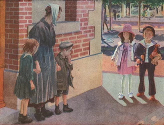 Deux enfants riches rencontrant une mère pauvre et ses enfants mendiant dans la rue (litho couleur)