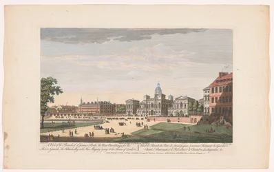 Vue de la Horse Guards Parade à Londres avec le départ de George II Auguste, roi de Grande-Bretagne, vers la Chambre des Lords
