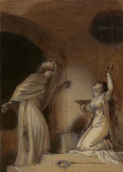 Illustration pour un roman oriental, peut-être "Les Mille et Une Nuits", avec une figure féminine agenouillée à droite