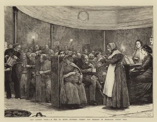 Nos pauvres de Londres, un thé pour sept cents vagabonds et mendiants dans la salle de Moorgate Street