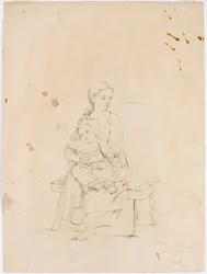 Jeune femme assise sur un banc avec un petit enfant dans les bras
