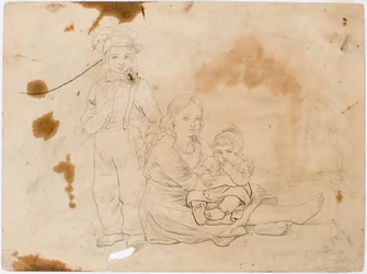Enfants du Småland, une fille avec un enfant sur les genoux et un garçon à côté d