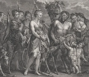 Diane revenant de la chasse, accompagnée de chiens et de ses nymphes à gauche, deux satyres, vers 1808