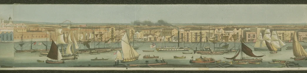 Vue panoramique de la Tamise, de sa rive sud à Bermondsey montrant Stepney, 1823