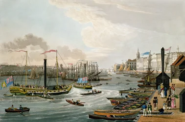 Vue du London Bridge et de la Custom House, avec les yachts à vapeur de Margate, pub. 1820 par Colnaghi und Co.