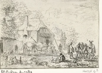 Soldats près de deux chariots