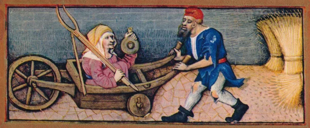 Août - vieille femme dans une brouette, 15ème siècle, 1939