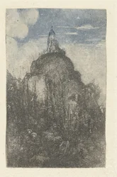 Bâtiment sur un rocher et bergers se reposant avec des moutons au pied du rocher (Le Phare, Chapelle alpestre)