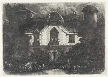 Maison avec tour derrière une clôture et bergère avec bétail