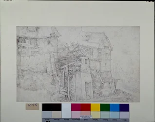 Habitat en chaume, partiellement en ruines, sur une montagne