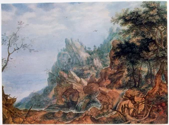 Saint Jérôme dans un paysage rocheux